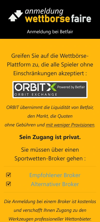 Anmeldung Wettborse Faire Screenshot der Startseite