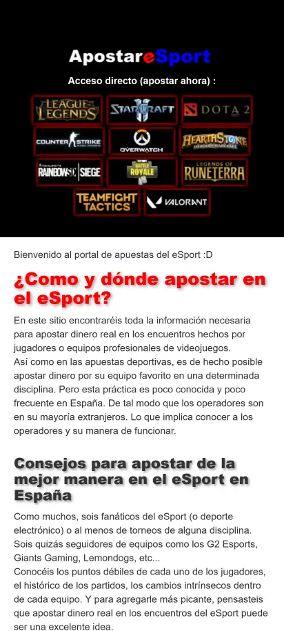 Captura de pantalla de la página de inicio de Apostar Esport