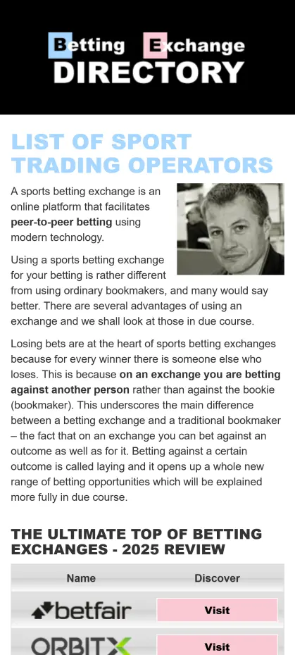 Betting Exchange Directory Homepage Screenshoot