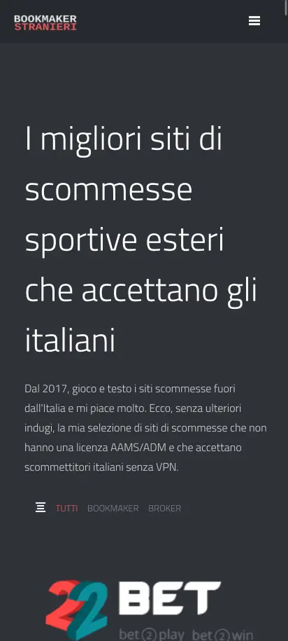 Bookmaker Stranieri Screenshot della homepage