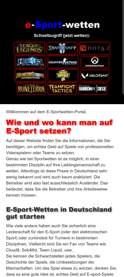 Screenshot der Homepage von E-sport Wetten
