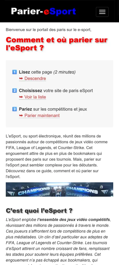 Capture d'écran de la page d'accueil de Parier esport
