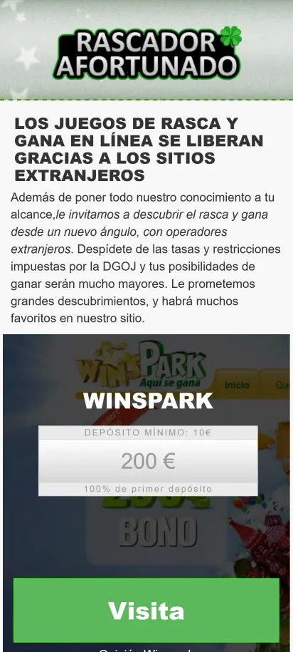 Captura de pantalla de la página de inicio de Rascador Afortunado