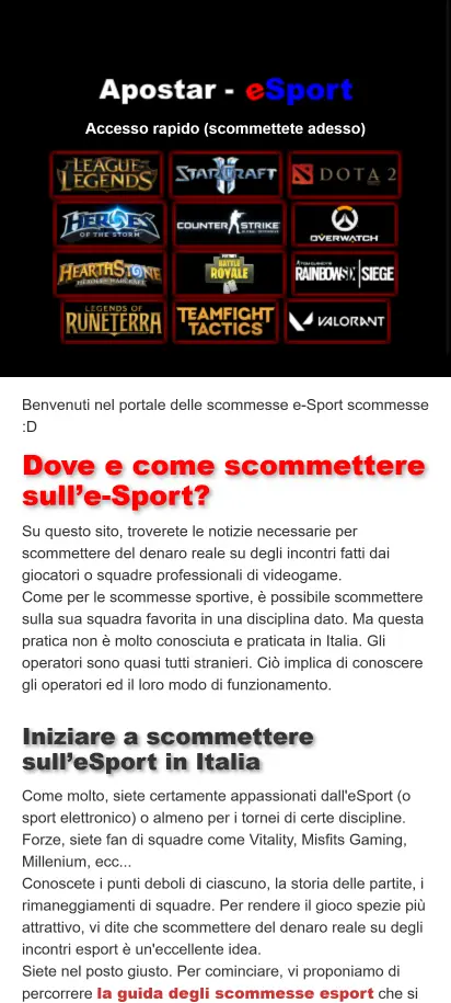 Screenshot della homepage di Scommettere Esport